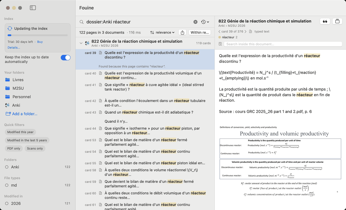 The same word searched in the Anki flashcards only. The deck “822 Génie de la réaction chimique et simulation” lists card 39, 40, 41 and more; card 39 is open on the right with its question, its answer, the page of the course it came from, and the slide as an image.