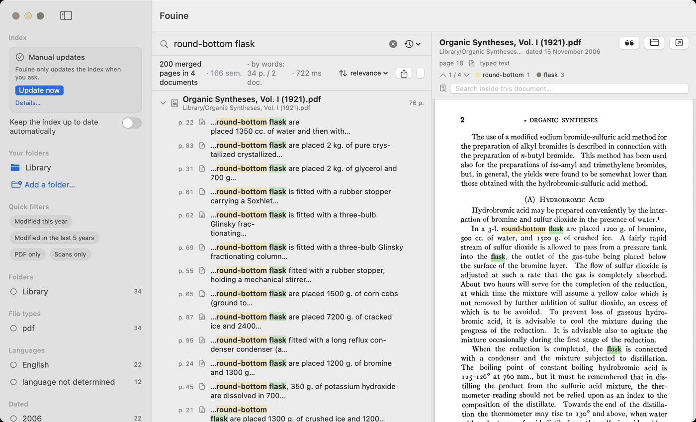 The Fouine window. On the left, a sidebar with the Index card reading “Manual updates” and an “Update now” button, the indexed folder, and filters by file type and language. In the middle, the search “round-bottom flask” and its results, one line per page, with the page number and the words picked out in colour. On the right, page 18 of “Organic Syntheses, Vol. I (1921).pdf”, open and highlighted at the match.