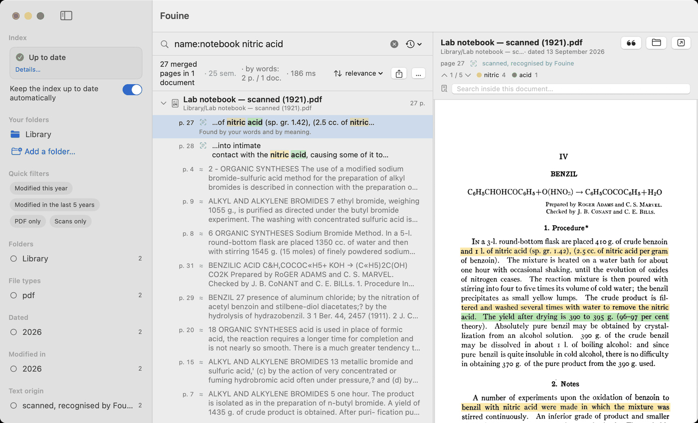 A search for “name:notebook nitric acid” in a scanned PDF with no text layer. Under the document name, the label “scanned, recognised by Fouine”. On the right, the photographed page, with the highlight boxes drawn over the image of the words. In the sidebar, the Index card reads “Up to date”.