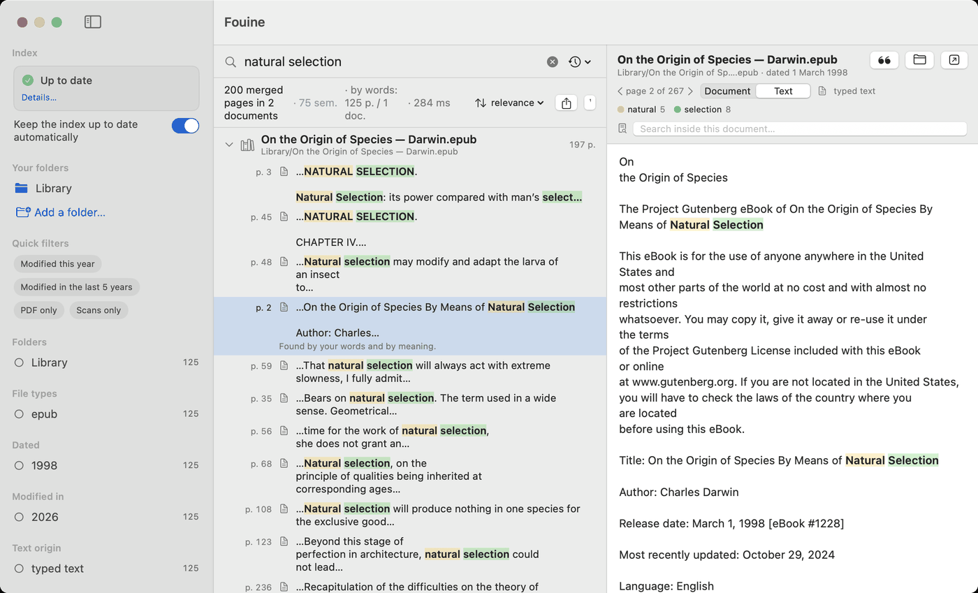 A search for “natural selection” in Darwin's “On the Origin of Species”, an EPUB of 267 pages. The results list pages 3, 45, 48, 2, 59, 35 and more; page 2 is selected and its text is shown on the right with the two words highlighted.
