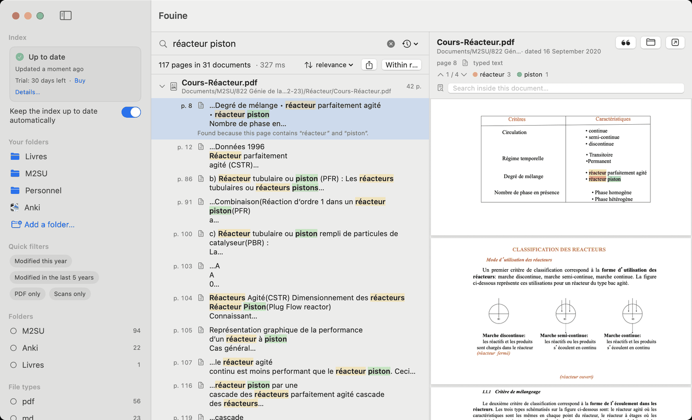 A search for “réacteur piston” in a chemical engineering course. 117 pages in 31 documents; page 8 of “Cours-Réacteur.pdf” is selected and shown on the right, a table with the two words highlighted. In the sidebar, the Anki source sits next to the folders.